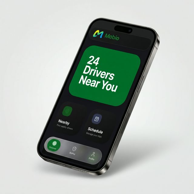 Mobio app showing nearby drivers on dark interface